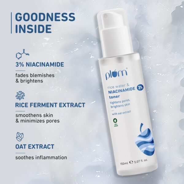 Plum 3% Niacinamide & Rice Water Face Toner | With Rice Ferment Extract | Alcohol-Free Toner | Fades Blemishes, Brightens Skin | Smoothens Skin | Fragrance-Free | 100% Vegan | 150 ml - Image 5