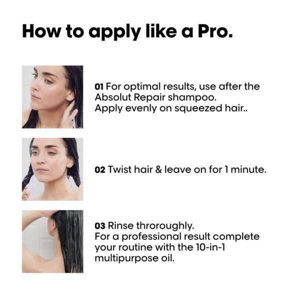 L'Oréal Professionnel Absolut Repair Mask for Dry & Damaged Hair - 250ml | Professional mask for Strengthening and Repairing Hair, With Wheat Protein, For Men & Women - Image 8